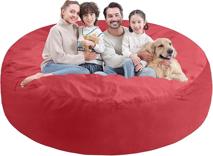 7FT Bean Bag Chair, Large Bean Bag Chairs with Memory Foam Filled, Fluffy Beanbag Sofa with Dutch Velvet Cover, Round BeanBag Chairs for Living Room, Playroom - Red