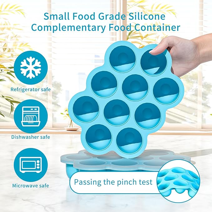 10 Cavities 2 OZ Portions Silicone Baby Food Freezer Tray with Lid, Baby Food Storage Containers,For freezing and storing Breast Milk,ice cube,Fruit Purees,leftovers(Blue)