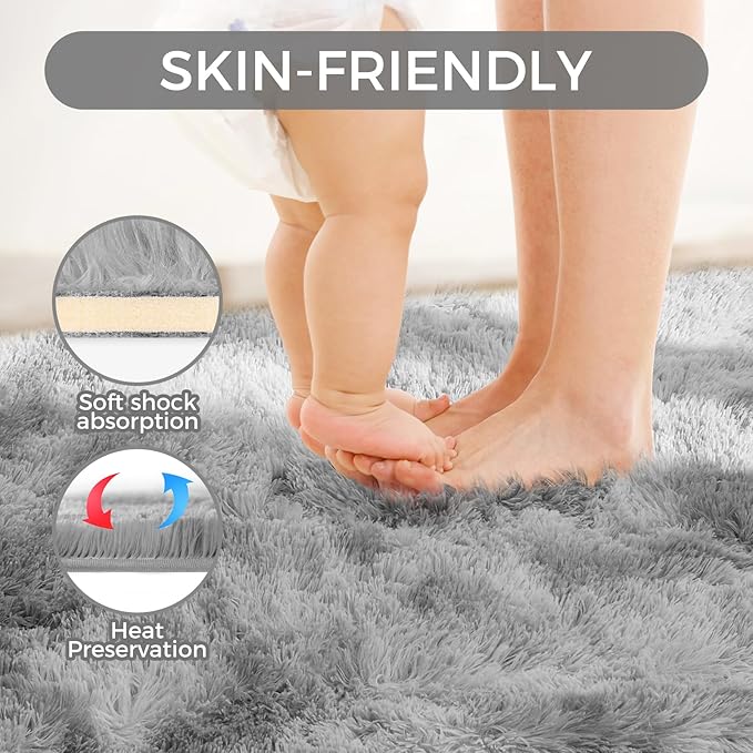 Ultra Soft Rug for Living Room, 8X10 Tie-Dyed Light Grey Fluffy Shag Area Rug for Bedroom, Modern Shaggy Carpets Fuzzy Rug for Teens Dorm Nursery Home Decor Aesthetic, Upgrade Anti-Skid Durable