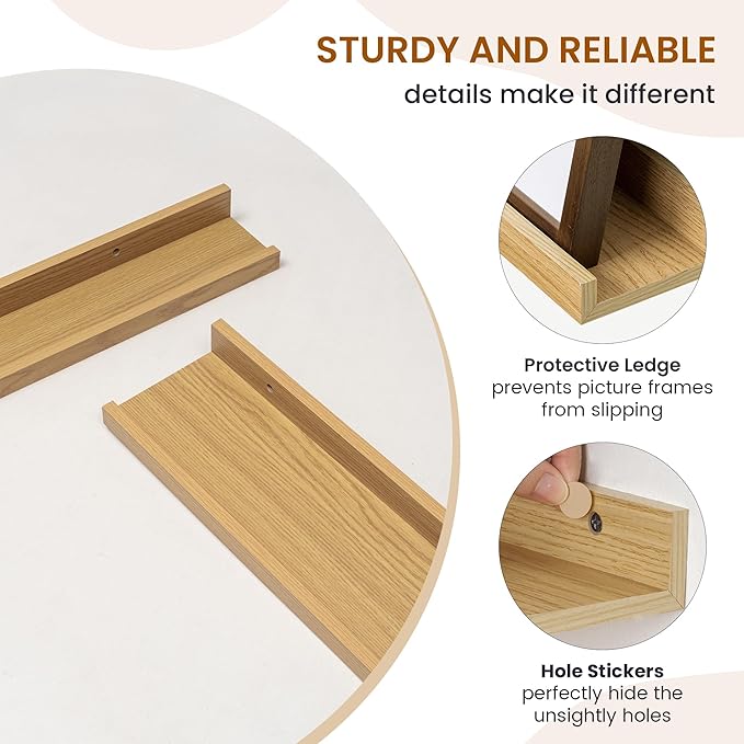 Axeman Picture Ledge Shelf, Floating Shelves for Wall Decor Storage Set of 6, 16 inch Floating Wall Mounted Shelves, Wall Shelves with Lip for Living Room, Bedroom, Nursery, Bathroom, Kitchen, Oak