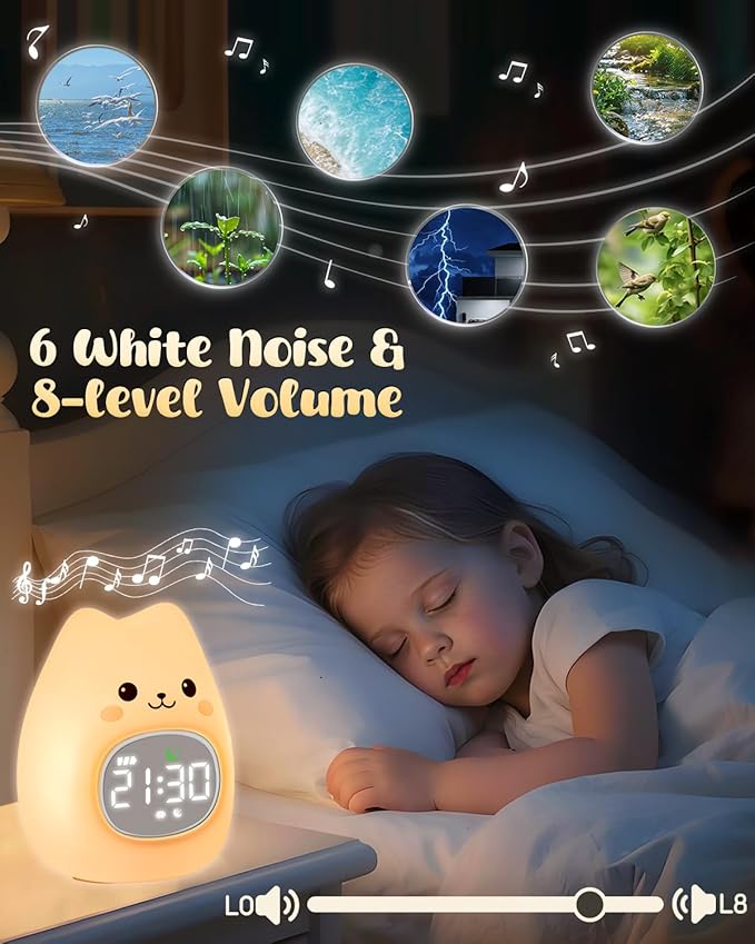 Cat Alarm Clock for Kids with Night Light, Sleep Training Clock Time to Wake Clock, Rechargeable Silicone Light for Bedroom, Perfect Sleep Companion for Boys Girls