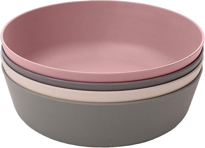 WeeSprout Bamboo Kids Bowls, Set of Four 15 oz Kid-Sized Dinnerware, Cereal, Leftovers & Snack Bowl, Dishwasher Safe (Pink, Green, Gray, & Beige)