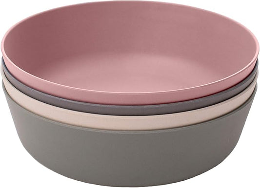 WeeSprout Bamboo Kids Bowls, Set of Four 15 oz Kid-Sized Dinnerware, Cereal, Leftovers & Snack Bowl, Dishwasher Safe (Pink, Green, Gray, & Beige)