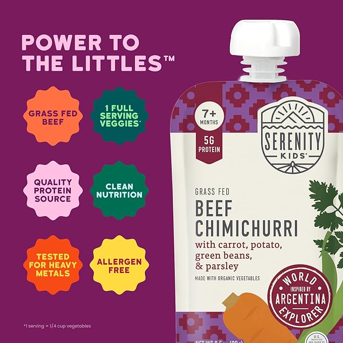 Serenity Kids 7+ Months World Explorers Beef Chimichurri Baby Food Pouches - Baby Puree Made with Organic Veggies & Ethically Sourced Beef - BPA-Free Pouches - 3.5 Oz, 6 Pack