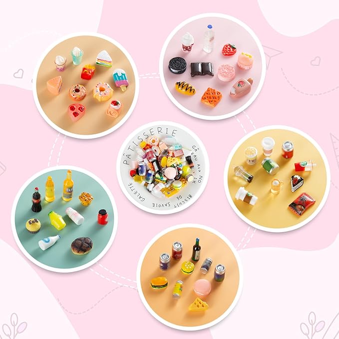 50 Pcs Miniature Food Drink Bottles Soda Pop Cans Pretend Play Kitchen Game Party Accessories Toys Hamburg Cake Ice Cream for 1/12 Doll House (25Food+25Drink)