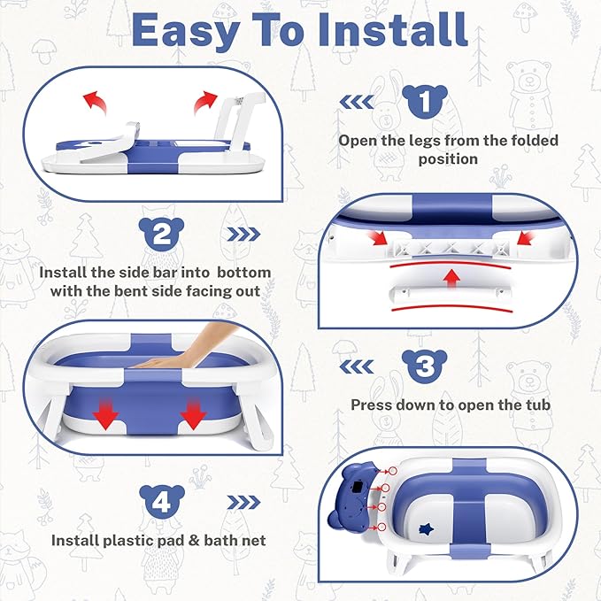 AVIDOR Baby Bathtub,Collapsible Bathtub for Newborn to Toddler,Durable Essential Infant Bath Tub,Portable Travel Baby Bathtub with Soft Cushion,No-Slip Hanging and Detachable Bathtub(Navy Blue)