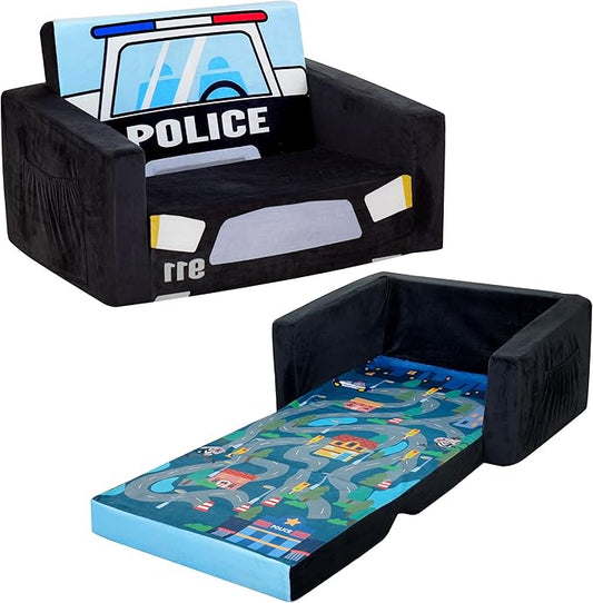 MallBest Kids Sofas Toddler Couch Bed Baby's Upholstered Chair Sleepover Couch Flipout Open Recliner(Black/Police Car)