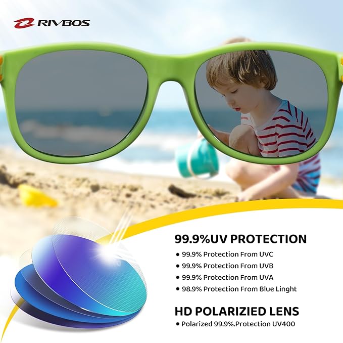 RIVBOS Kids Sunglasses Polarized UV Protection Flexible Rubber Glasses Shades with Strap for Boys Girls RBK004