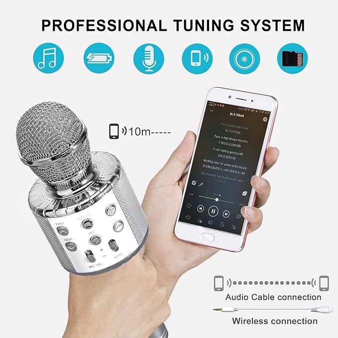 BlueFire 4 in 1 Karaoke Wireless Microphone with LED Lights, Portable Microphone for Kids, Great Gifts Toys for Kids, Girls, Boys and Adults (Silver)