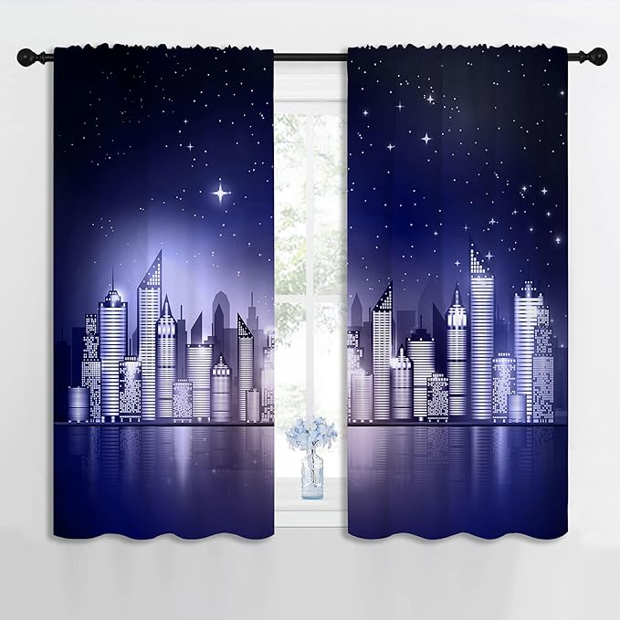 City Rod Pocket Blackout Curtains for Boy Girl Bedroom, New York Skyline Modern City Starry Sky Night View Home Energy Efficient Light Filtering Window Curtain for Living Room, 42x63 inch
