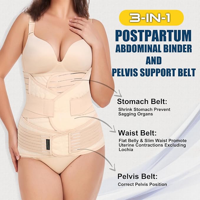 ChongErfei Postpartum Support Recovery Belly Wrap Waist/Pelvis Belt Body Shaper Postnatal Shapewear (Beige, XXL)