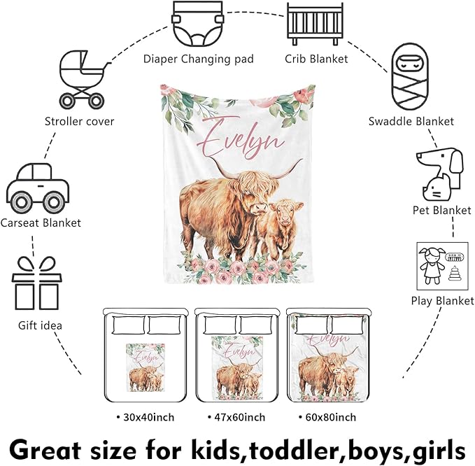 Custom Nursery Crib Bedding Set: Personalized Name 4 Piece Floral Highland Cow Design Baby Crib Sets for Girls - Toddler Double Layer Blanket Set, Comfortable Crib Bed Sheets for Baby Toddlers