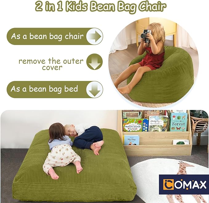 COMAX Kids Bean Bag Chair Turn into Beanbag Bed, Toddler Bean Chair Corduroy for Girl Boy Sleeping, Lazy Children Bean Bags with Filler, Convertible Child Floor Mattress, Light Green