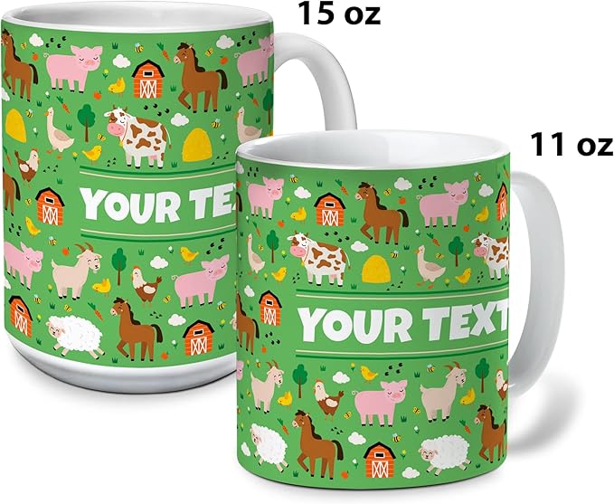 Personalized Mug for Kids - Farm Animals - Custom Name/Text, Ceramic Hot Chocolate/Cocoa/Coffee Cup for Boys/Girls, Birthday/Christmas/Holiday Gift - 15 oz, White Handle