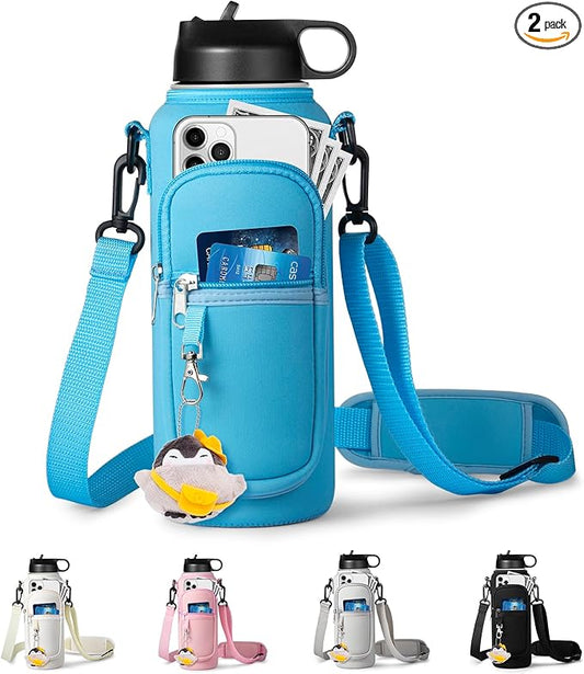 Water Bottle Holder with Strap for Hydroflask 32oz 40oz, Carrier Sling Bag with Phone Pocket Sleeve for Men Women Hiking Camping Travelling