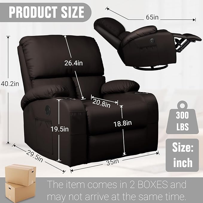 Rocking Recliner Chair, Massage Rocker Recliner Chair with Vibration Massage and Heat, USB and Type-C Ports,360° Swivel Faux Leather Chairs, Living Room, Bedroom, Nursery, RV, Brown