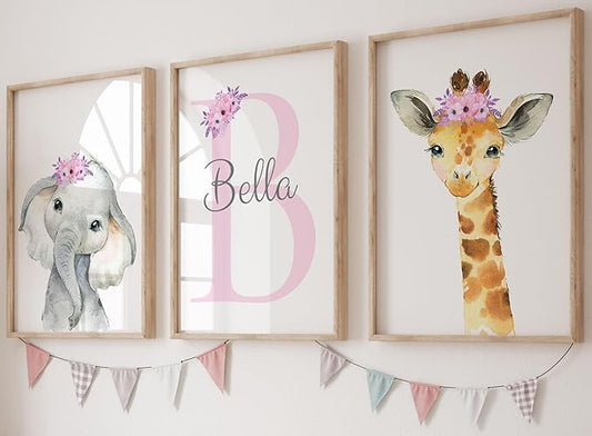 Personalized Safari Animals for Baby Girls Nursery, Set of 3 Unframed Poster Prints, Personalized Name Pink Lilac Floral, Girls Bedroom Decor, Elephant Giraffe (9x12)
