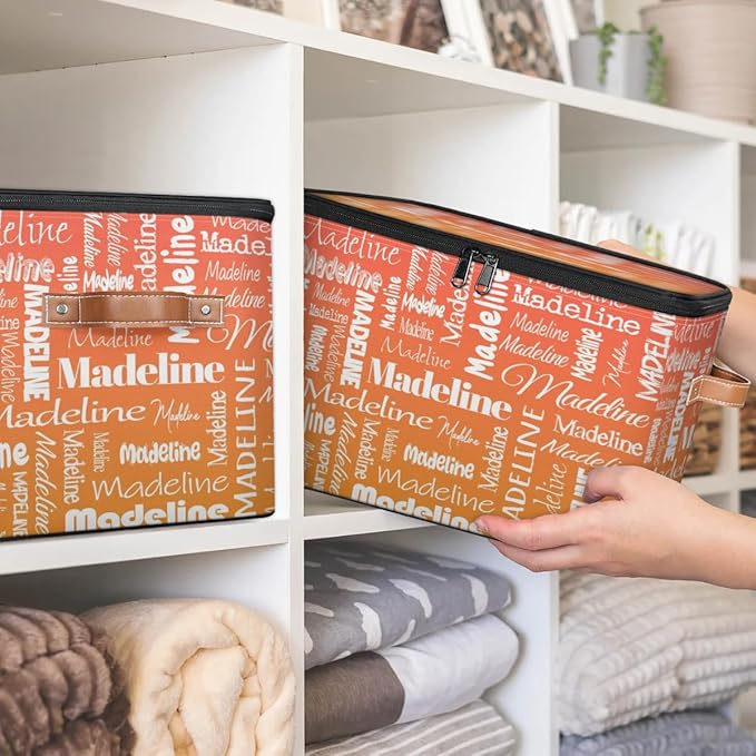 Custom Storage Basket with Name, Personalized Storage Bins with Zipper Lid, Foldable Fabric Storage Box Large capacity with Handle Orange
