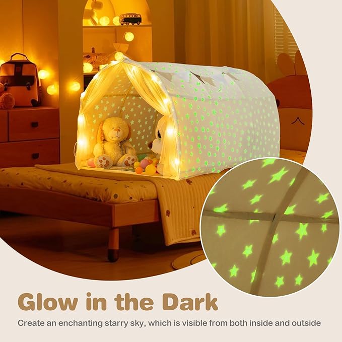 INFANS Kids Bed Tent with Glow in The Dark, Portable Children Playhouse Privacy Space Twin with Mat Star Light Double Net Curtain, Indoor Outdoor Princess Tents Castle for Boys Girls