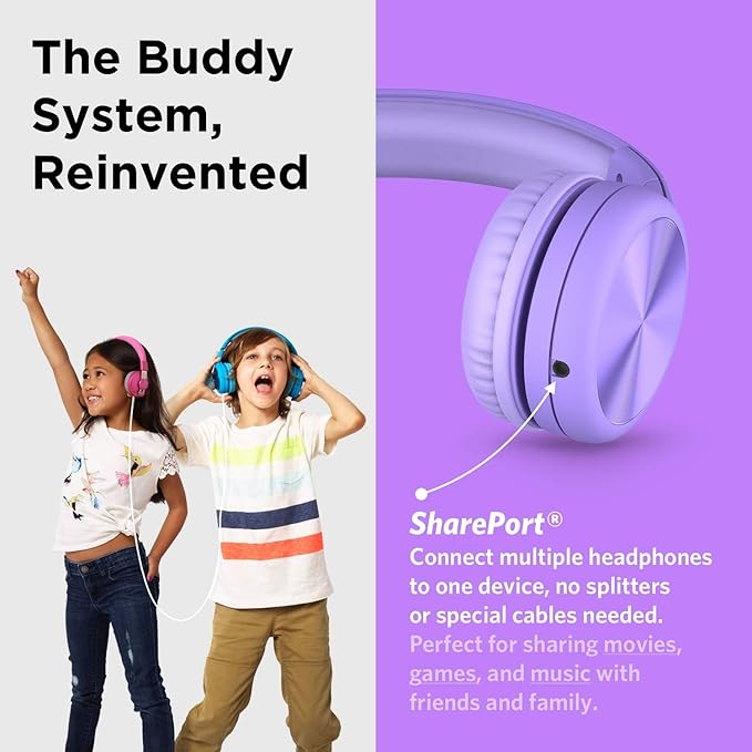 LilGadgets Connect+ Pro Wired Kids Headphones for School w/Microphone, Volume Limiting, Noise Reducing Over-Ear Headset w/Cord, SharePort Technology & SoftTouch Padding, Purple Headphones for Kids