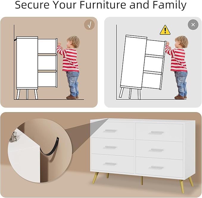 Shintenchi 6 Drawer Dresser, Wide Chest of Drawers Organizer Storage with Drawers, Large Storage Cabinet, Modern Design Dresser for Bedroom, Living Room, Porch, White