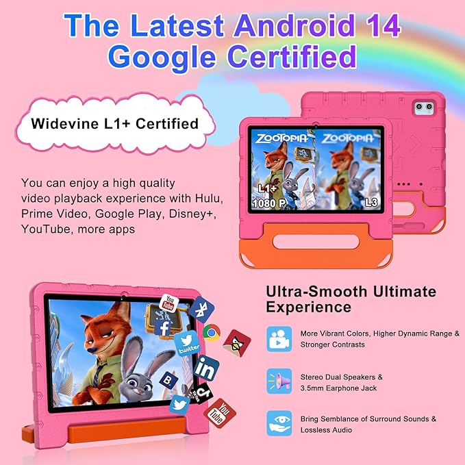 2025 Kids Tablet 10 inch Android 14 Tablets for Kid Octa-Core, 20GB+128GB (TF 1TB), Toddler Tablet with Shockproof Case, 2.4G+5G WiFi 6, Parental Control, Face Unlocked, Split Screen, BT5.0 (Rose Red)