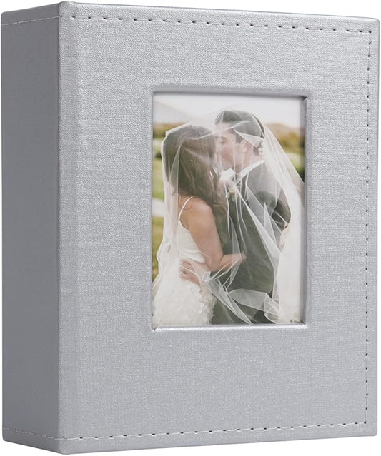RECUTMS 200 Photo 4x6 PU Leather Cover Black Inner Page with Front Window, Small Photo Book for Baby Wedding Family (Silver)