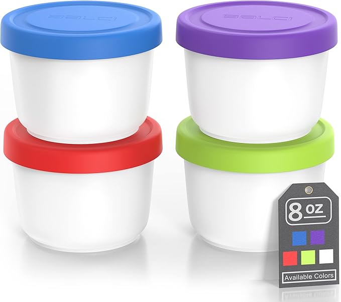 BALCI - 8oz Mini Ice Cream Containers with Silicone Lids (Set of 4) - Freezer Food Storage Containers, Reusable, LeakProof, For Homemade IceCream Containers - Blue, Red, Green, Purple