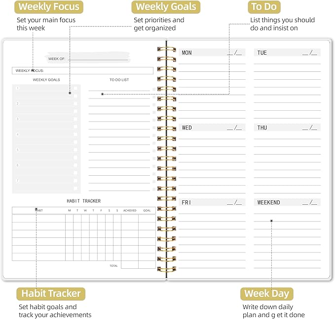 Undated Weekly Planner, Weekly To Do List Notebook with Goal & Habit Tracker Organizer, A5 5.8" x 8.0" Weekly Planner Notebook with Spiral Binding for Men or Women