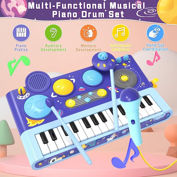 Mostop Toddler Musical Toys 5 in 1 Piano Keyboard Xylophone Drum with Microphone, DJ Table Instruments Learning Toys with Lights for Boys Girls Age 2-5, Kids Piano Drum Set Christmas Birthday Gift