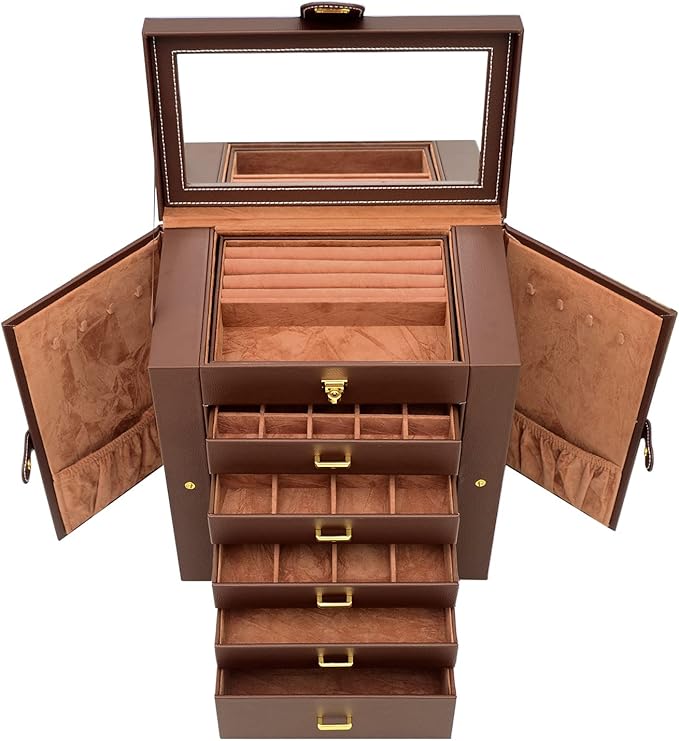 AKOZLIN Large 6-Tier Jewelry Box Organizer Functional Huge Lockable,5 Drawers Leather Jewelry Storage Case for Women Girls Ring Necklace Earring Bracelet Holder Organizer with Mirror Brown
