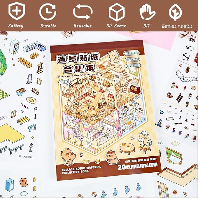 20 Sets DIY 3D Sticker Scenes for Adults Relief Stress, Cute Kawaii 3D House Sticker Therapy for Women Teen Girls Kids Pass The Time, Make Your Own Mini Room Scene Collection Book with Tweezer