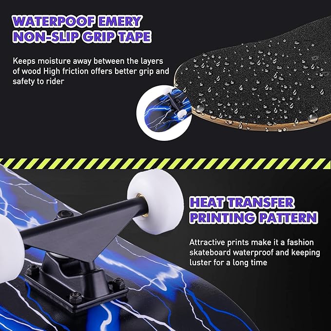 Skateboard,31 x 8 Inch Complete Skateboard, 8-Layer Maple Wood Deck Double Kick Standard Skateboards for Kids, Teens, Adult, Beginner