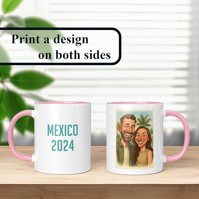 Personalized Coffee Mug, Custom Photo Caricature Gift, Funny Customized Coffee Gift for Men & Women, Custom Mugs with Pictures, Pink 11oz Customized Ceramic Tea Cup