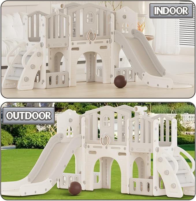 XJD 9 in 1 Toddler Slide Set, Kids Slide for Toddlers Age 1+, Toddler Climber Slide PlaySet with Basketball Hoop and Ball,Outdoor Indoor Playground for Toddlers 1-3 (Gley)