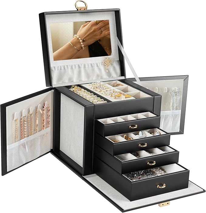 5-Layer Jewelry Box with 4 Drawers, Huge Portable Jewelry Organizer with Lock and Mirror for Women, for Necklace Ring Earring Bracelet Storage, Lockable Jewelry Case, Black