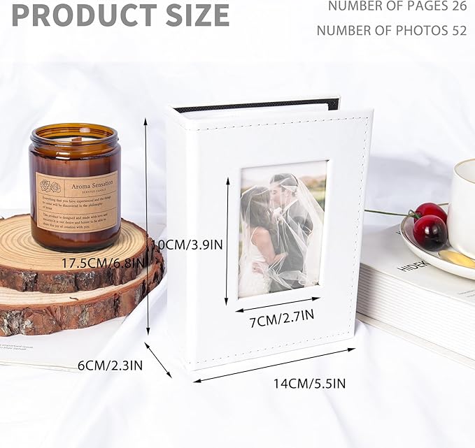 RECUTMS Photo Album 4x6 52 Pockets, Small Mini Capacity Leather Photo Album with Front Window, Each Pack Hold 52 Vertical Photos for Family Wedding Baby Children(White)
