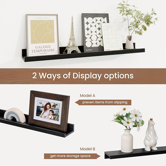 Picture Ledge Shelf, Solid Pine Wood Floating Shelves Set of 2, 24 Inches Nursery Book Shelves for Toys Storage, Kids Bookshelf Wall Mounted for Living Room Bedroom Decor Books Photo Frames, Black