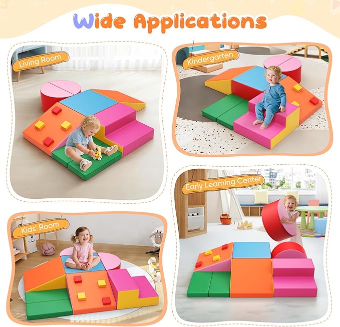 Lischwert Foam Climbing Blocks for Toddlers 1-3, 7pcs Soft Play Set with Crawling Exploration Toys, Indoor Outdoor Infant Safe Blocks for Baby Gym Toddler Playground
