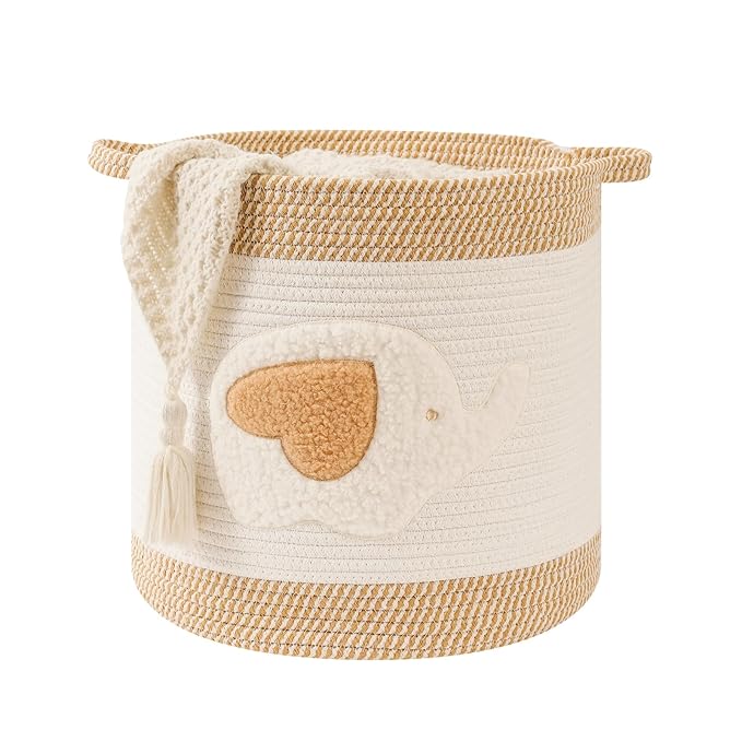 Large Blanket Baskets for Living Room Decor, Toy Storage Baskets Woven Cotton Rope Storage Basket for Kids, Dog Toys Organizer Clothes Hamper with Embroidery Decor for NurseryLaundry (Large, Elephant)