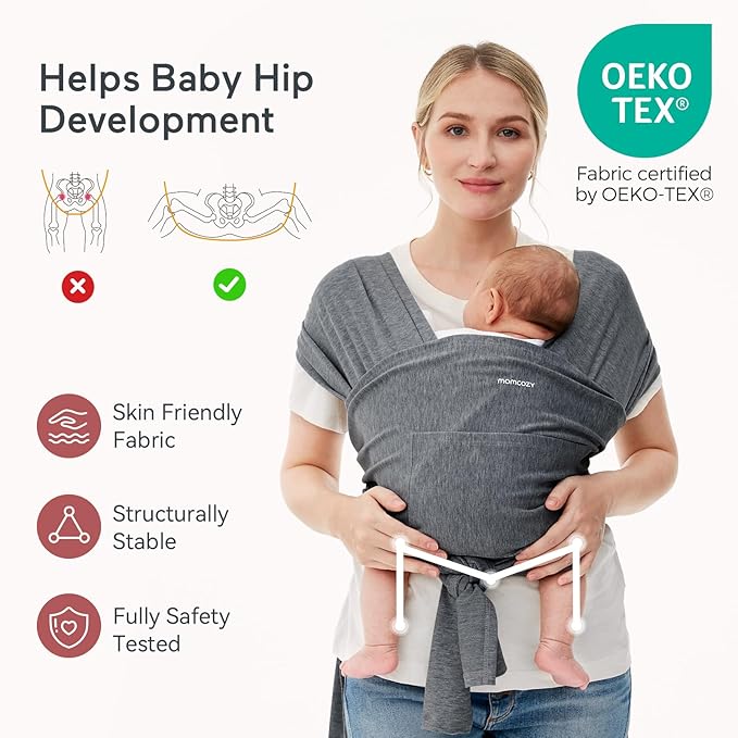 Momcozy Baby Wrap Carrier, Easy to Wear Infant Carrier Slings, Lightweight Hands Free Baby Sling, Adjustable Baby Carriers for Newborn to Toddler 8-35 lbs, Deep Grey