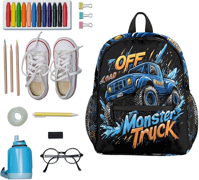 Toddler Backpack for Boys Girls - 12 Inch Monster Car Trucks Kids Backpack Preschool Kindergarten Backpack Lightweight Waterproof Schoolbag Book Bag for School