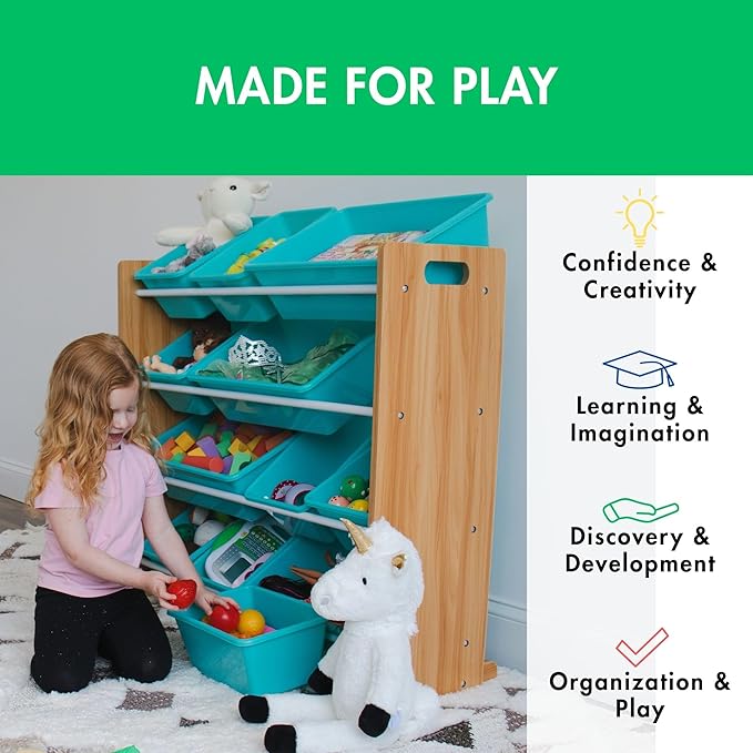 Humble Crew Kids Toy Storage Organizer with 12 Plastic Bins, Natural Wood/Aqua – Removable Bins for Playroom, Bedroom, Toddler Furniture for Boys and Girls Ages