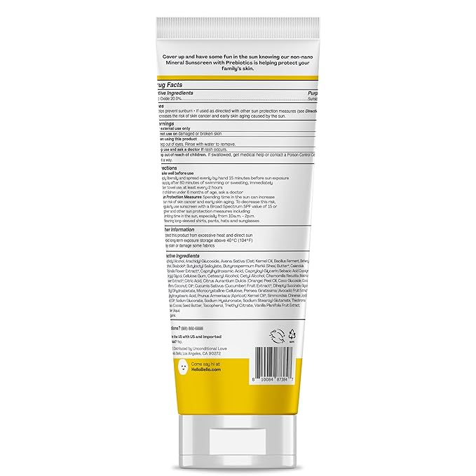 Hello Bello Mineral SPF 55 Sunscreen Lotion with Prebiotics, Water Resistant and Reef Friendly Sun Protection for Babies and Kids, 3 fl oz (Pack of 1)