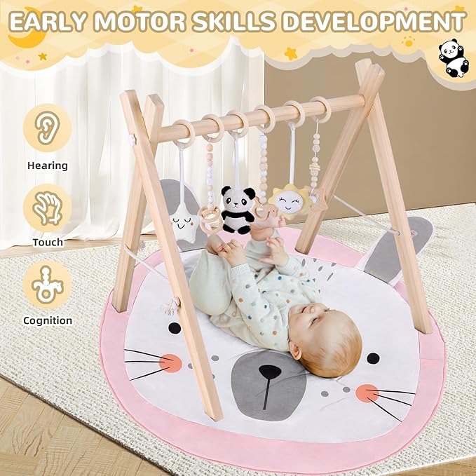 Wooden Play Gym with Mat, Foldable Baby Activity Gyms for Infants Newborn Baby Girl and Boy, Tummy Time Baby Infant Toys 0-6 6-12 Months (Rabbit)