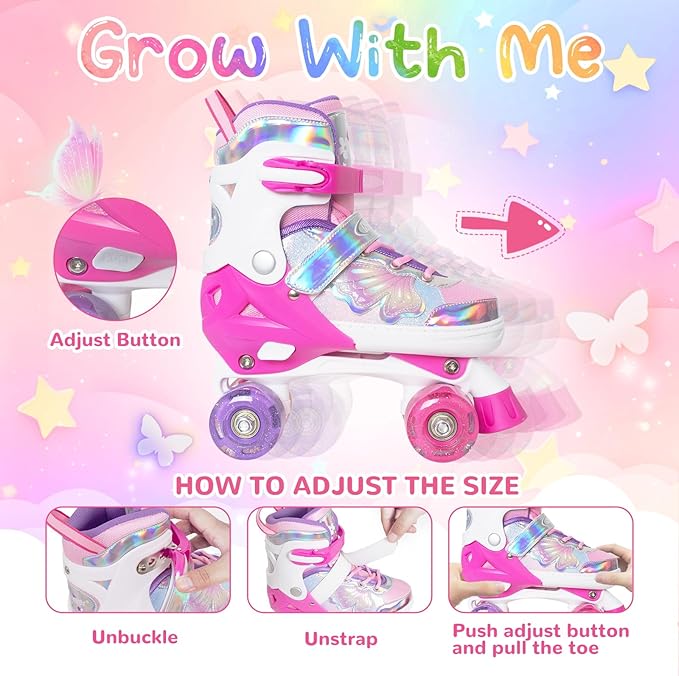 Nattork Kids Roller Skates for Girls Boys Kids, 4 Sizes Adjustable Quad Skates Butterfly and Flower with All Light up Wheels - Birthday Gift for Indoor Outdoor Sports