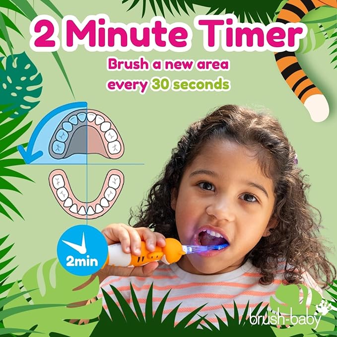 brush-baby WildOnes™ Rechargeable Kids Electric Toothbrush – Toby Tiger | Flashing Lights, 2-Min Timer, Waterproof, 3 Brush Heads | Toddler & Child Toothbrush Ages 0-10 | Soft Bristles
