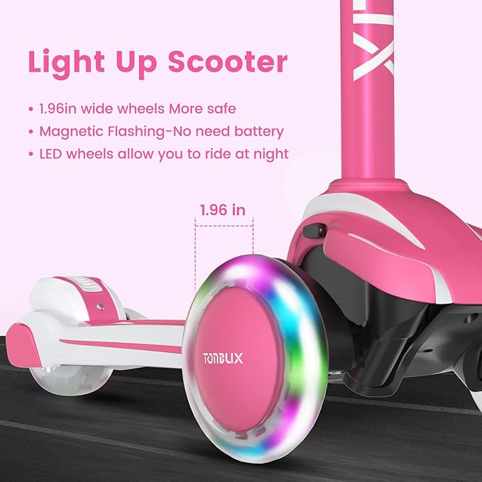 TONBUX Kids Scooter for Age 3-12, Toddler Scooter with 4 Adjustable Heights, Light Up 3-Wheels Scooter, Shock Absorption Design, Lean to Steer, Balance Training Scooter for Kids