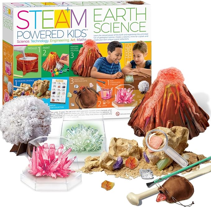 4M - STEAM Earth Science - Educational Science Kits for Kids Ages 5+ with 5 Experiments: Volcano Eruption, Excavate Crystals, Crystal Growing, & More - Hands-On Geology STEM Learning Science for Kids