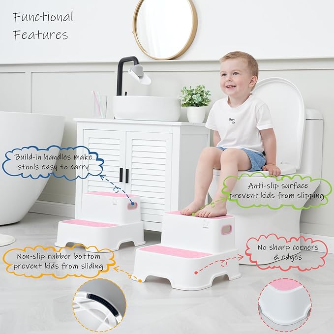 Two Step Stools for Toddlers Girls, Small Kids Step Stool for Bathroom Sink, No Slip Toddler Step Stool for Little Grils Room Princess Bedroom Closet Potty Training (2 Pack, White-Pink)